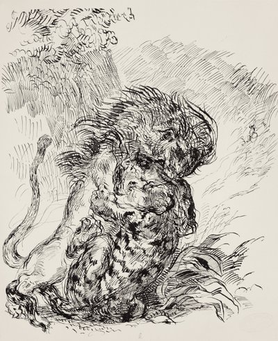 Een leeuw die een tijger aanvalt door Ferdinand Victor Eugene Delacroix
